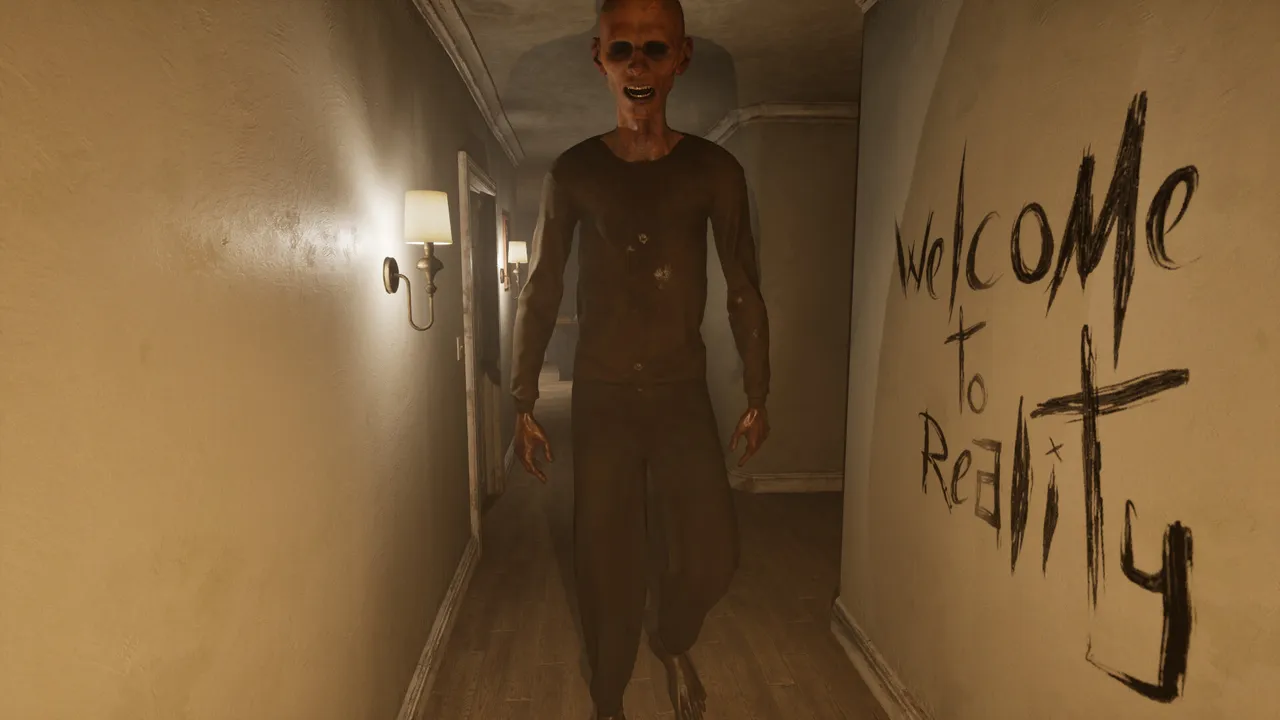 the cabin game screenshot: a gaunt grinning man in a hallway with Welcome to Reality scrawled on the wall