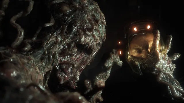 The Callisto Protocol screenshot: a tendril-covered creature lunges at a man in a helmet