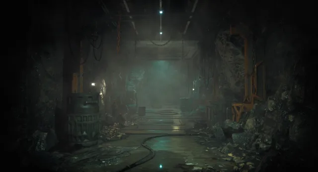 The Callisto Protocol screenshot: a dim, wet corridor of the prison's lower levels