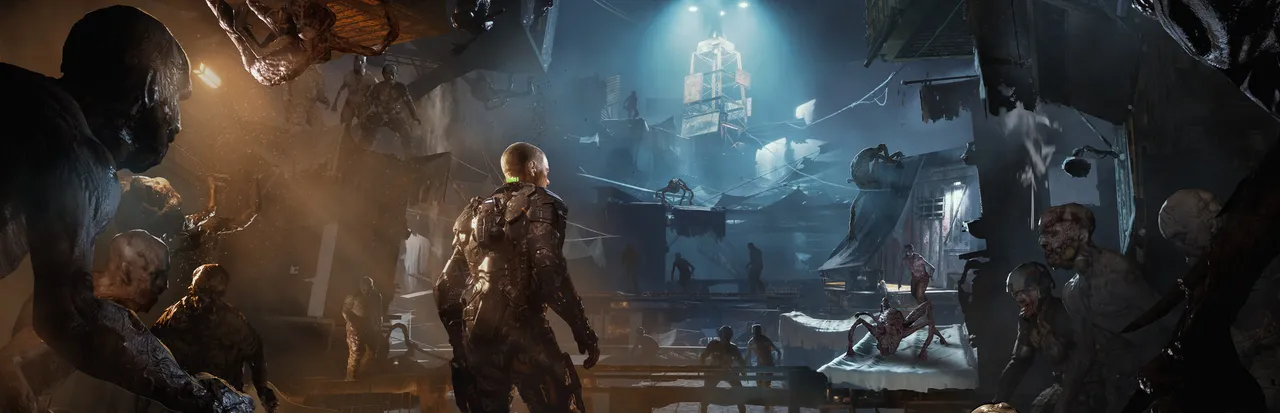 The Callisto Protocol key art: Jacob Lee in a prison block surrounded by mutated inmates