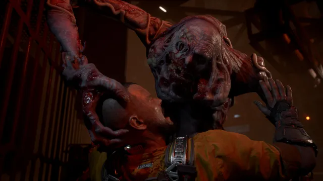 The Callisto Protocol screenshot: a mutated, rotting creature grabs Jacob's head in a red-lit cell block