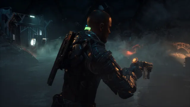 The Callisto Protocol screenshot: Jacob in armour holds a pistol in a misty cave