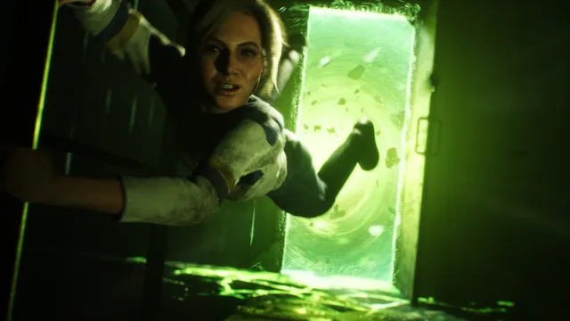 A frightened young woman pulled toward a glowing green portal in a doorway