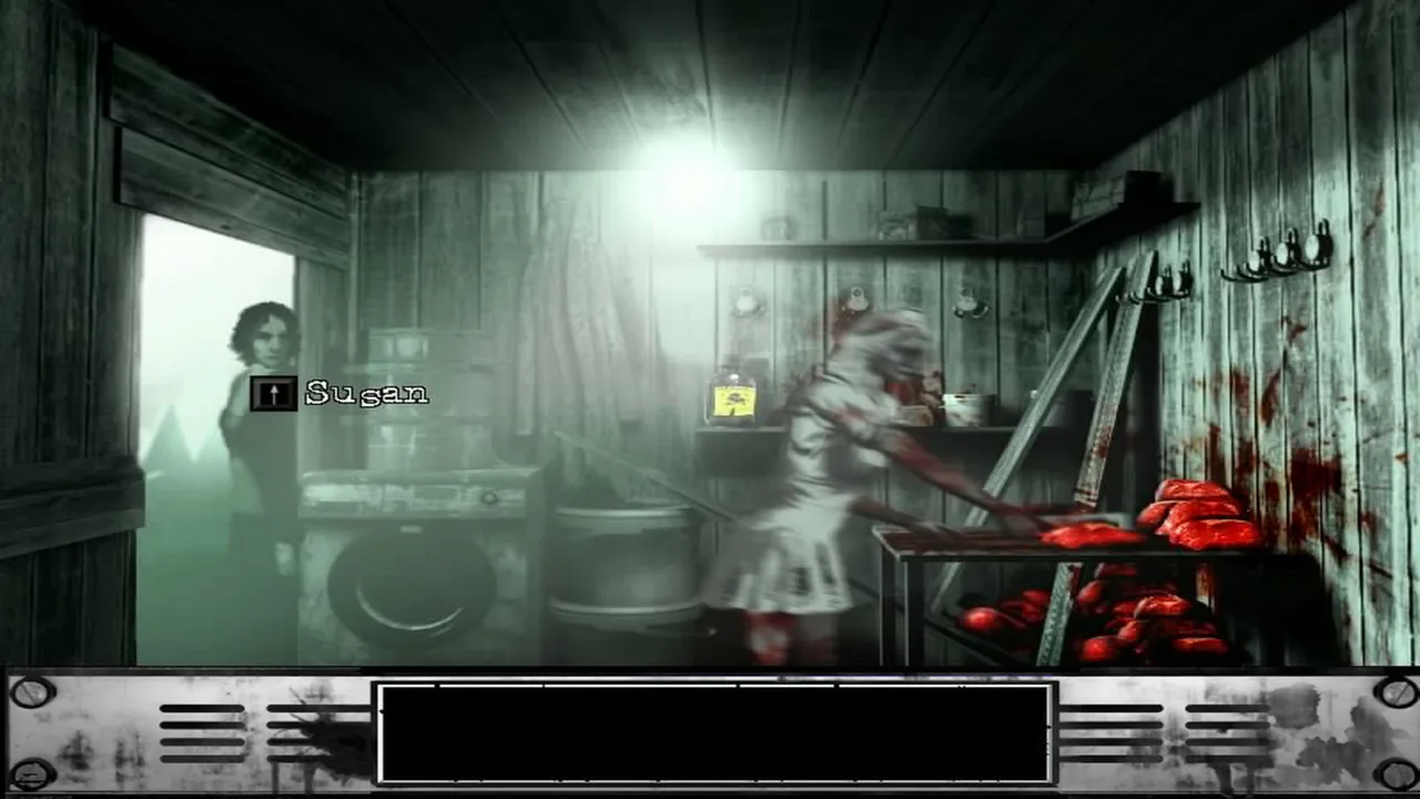 The Cat Lady screenshot: Susan stands in a misty doorway while a blood-spattered figure works at a kitchen table covered in red meat