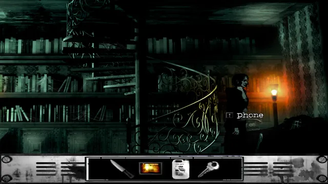 The Cat Lady screenshot: Susan beside a lamp in a dark library with a spiral staircase, a phone hotspot label and an inventory bar holding a knife, a key and a canister