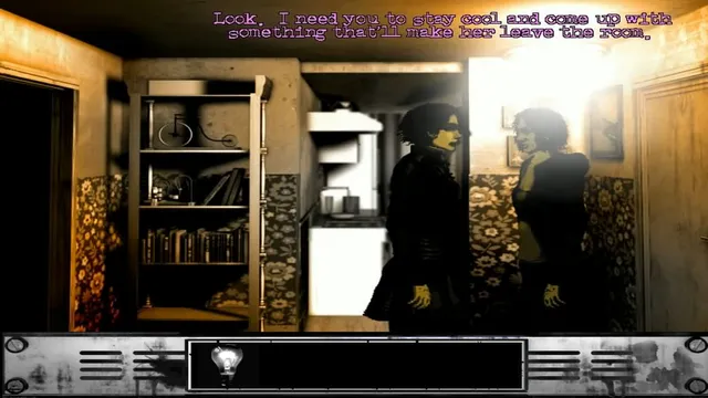 The Cat Lady screenshot: Susan talks with a woman in a cluttered flat, with the subtitle about making her leave the room