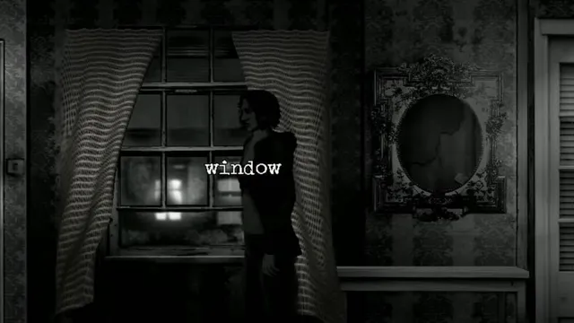 The Cat Lady screenshot: Susan by a curtained window in a dark room, the window labelled as a hotspot