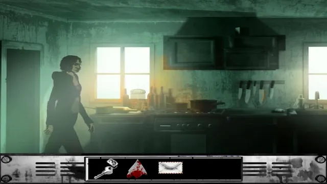 The Cat Lady screenshot: Susan walks through a dim green kitchen, with a key, a bloody shard and an envelope in her inventory