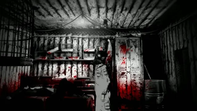 The Cat Lady screenshot: a figure in a gas mask stands in a blood-splattered room