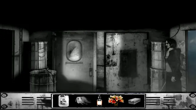 The Cat Lady screenshot: Susan in a grimy corridor of heavy metal doors, with flowers, a bottle and a box in her inventory