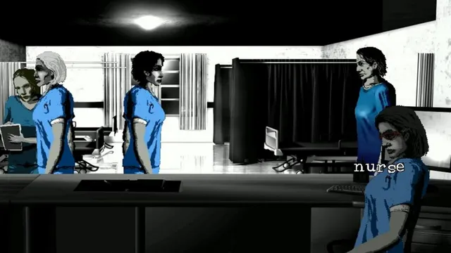 The Cat Lady screenshot: nurses in blue uniforms around a hospital reception desk, one labelled nurse