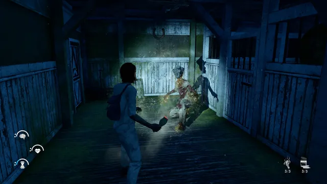Jess with a weapon facing a bloody, glowing figure inside a dark wooden barn, with mind and body meters on screen
