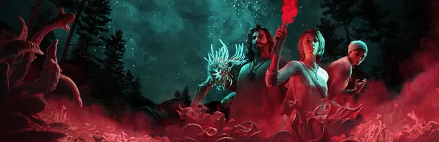 The Chant key art: Jess holding a red flare beside other retreat members, a glowing creature and red tentacles rising from mist under a starry sky