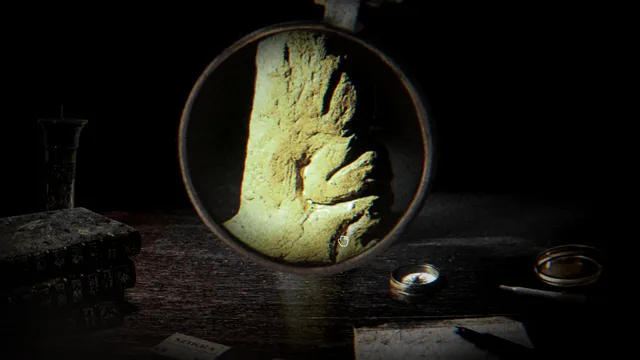 The Children of Clay screenshot: a magnifying glass shows the rough carved surface of the clay artefact