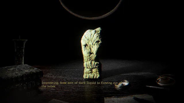 The Children of Clay screenshot: the clay figure on the desk with a caption noting dark liquid flowing from its holes