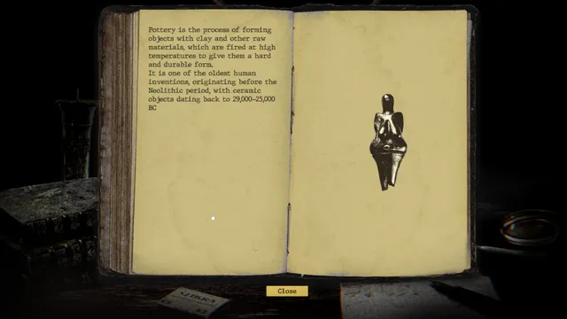 The Children of Clay screenshot: an open reference book with a page on pottery and a drawing of an ancient figurine