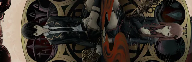 The Chrono Jotter key art: two schoolgirls in dark uniforms mirrored inside an ornate clock-like frame