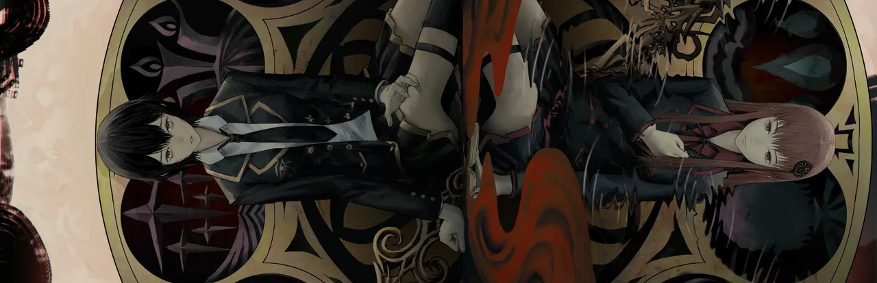 The Chrono Jotter key art: two schoolgirls in dark uniforms mirrored inside an ornate clock-like frame