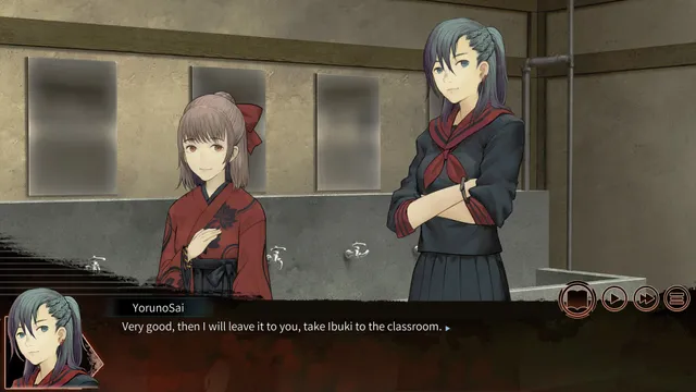 The Chrono Jotter screenshot: two schoolgirls in uniforms talking in a school washroom