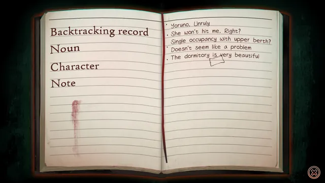 The Chrono Jotter screenshot: the backtracking record page of the notebook, with a smear of blood