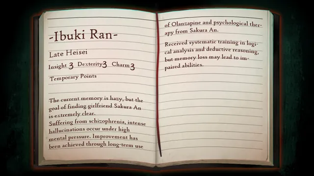 The Chrono Jotter screenshot: Ran Ibuki's notebook profile, noting hallucinations under pressure
