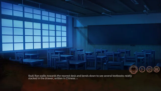 The Chrono Jotter screenshot: an empty classroom in blue night light as Ran searches a desk