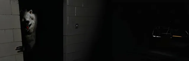 The Classrooms key art: a grinning furry creature peers around a cinder block wall in a dark school corridor