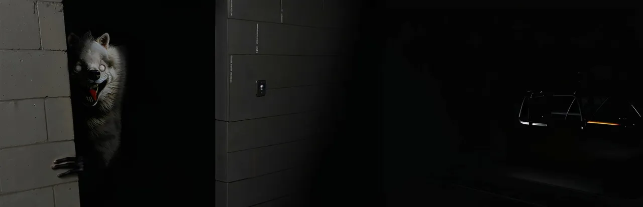The Classrooms key art: a grinning furry creature peers around a cinder block wall in a dark school corridor