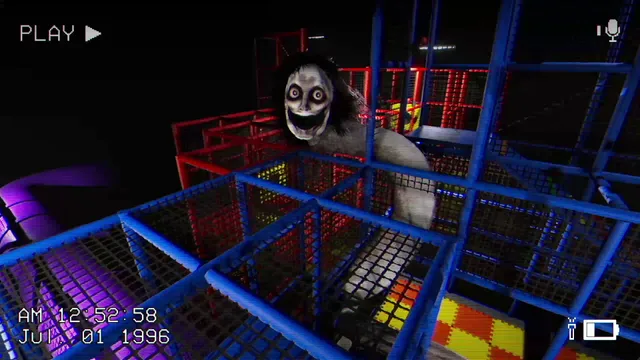 Camcorder footage dated July 1996: a pale, grinning long-haired entity climbs through a children's play structure