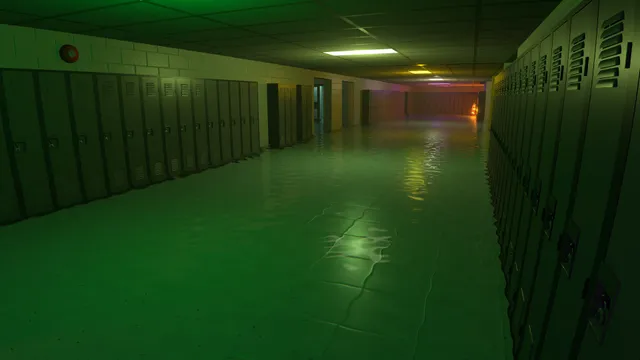 An empty school hallway lined with lockers, flooded and lit a sickly green