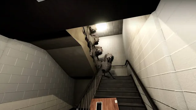 A pack of grinning grey creatures climbs over the railing of a school stairwell