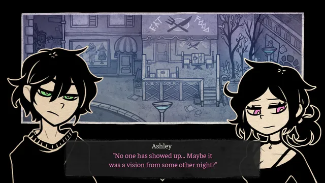The Coffin of Andy and Leyley screenshot: Andrew and Ashley talk in front of a grey street scene with a restaurant, as Ashley wonders if it was a vision