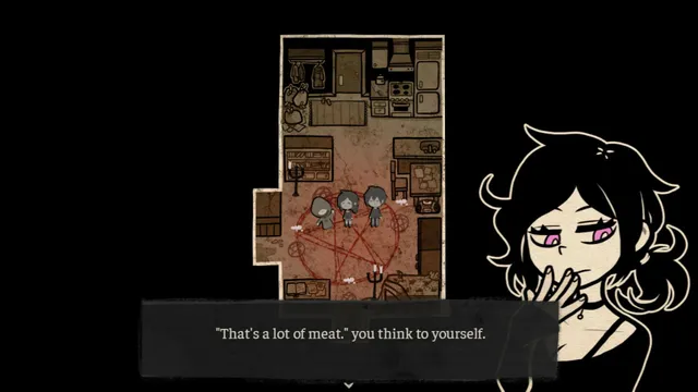 The Coffin of Andy and Leyley screenshot: the siblings stand over a hooded body on a red pentagram in their apartment as Ashley thinks, That's a lot of meat