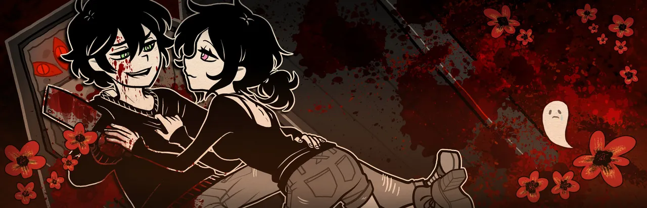 The Coffin of Andy and Leyley key art: a grinning, blood-splattered Andrew with a cleaver and Ashley leaning on him beside a coffin, surrounded by red flowers and a small ghost