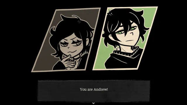 The Coffin of Andy and Leyley screenshot: portraits of Ashley and Andrew side by side above the text You are Andrew