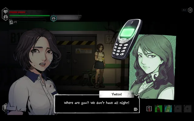 The Coma 2: Vicious Sisters screenshot: Mina talks with her friend Yaesol over an old mobile phone in a dim parking level