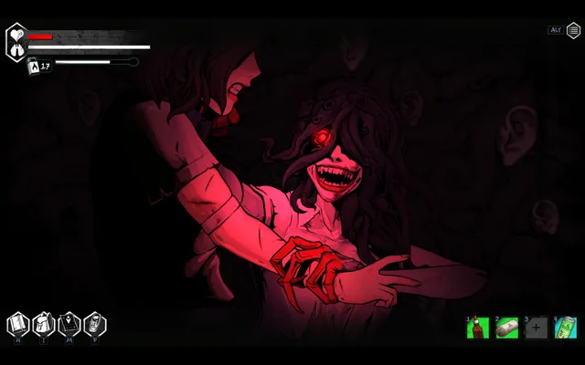 The Coma 2: Vicious Sisters screenshot: Dark Song, with one red glowing eye and a wide grin, grabs Mina in a red-lit scene