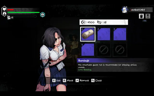 The Coma 2: Vicious Sisters screenshot: an injured Mina with the inventory open, a bandage selected to cure bleeding