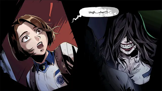 The Coma 2: Vicious Sisters comic panel: a startled Mina and the grinning, long-haired Dark Song looming beside her