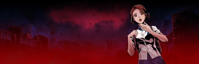 The Coma 2: Vicious Sisters key art: Mina Park in her school uniform against a blood-red sky over the city