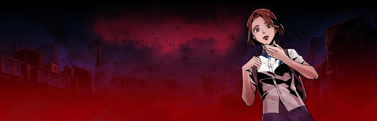 The Coma 2: Vicious Sisters key art: Mina Park in her school uniform against a blood-red sky over the city