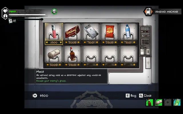 The Coma 2: Vicious Sisters screenshot: a school vending machine selling mace, bandages, snacks and drinks