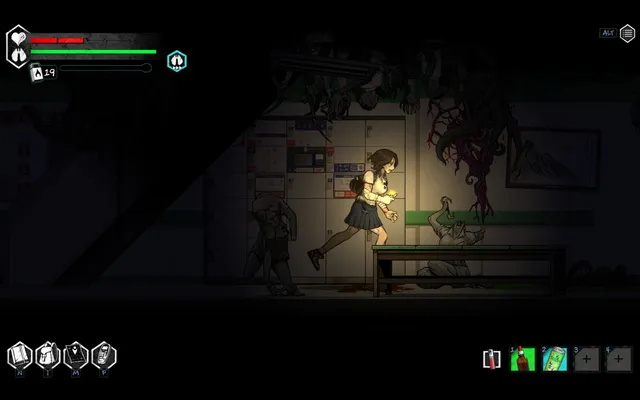 The Coma 2: Vicious Sisters screenshot: Mina runs through a dark hallway overgrown with red tendrils past slumped figures
