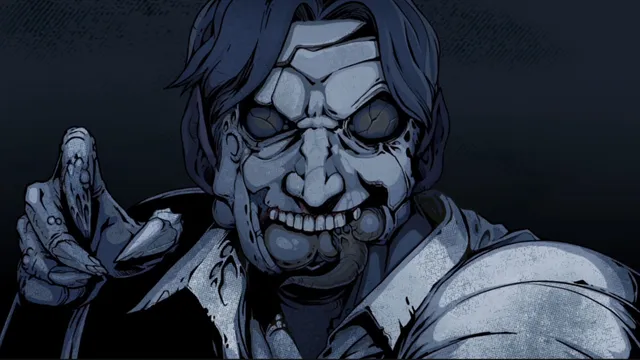 A grinning man with cracked grey skin and cloudy eyes, drawn in comic style