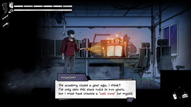 Youngho in a dark office of the Coma, where candles burn round an open book, with dialogue on screen