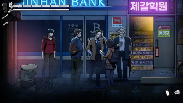 The three heroes and two older men outside a neon-lit bank and academy sign on a Seoul street