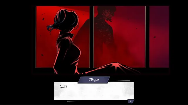 Jihyun in silhouette against a red window as a dark shape rises behind her
