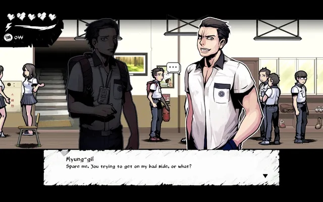 The Coma: Recut screenshot: a shadowy figure walks past a student crouched in a dark blue hallway