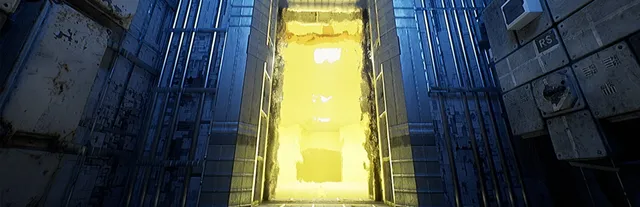 The Complex: Expedition key art: a glowing yellow doorway torn into a dark wall of steel panels and pipes