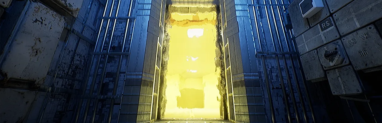 The Complex: Expedition key art: a glowing yellow doorway torn into a dark wall of steel panels and pipes